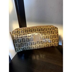 Fendi Zucchino Logo Zip Pouch Pattern PVC Clutch Brown Tan Vintage Bag